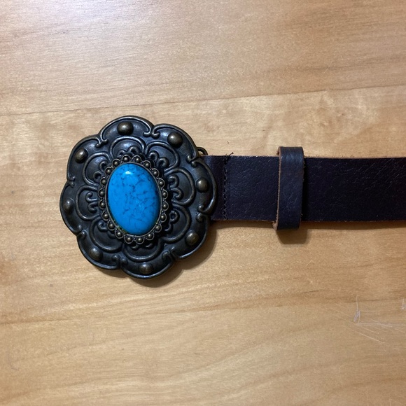Brown Leather Belt with Turquoise Stone Center Buckle - Picture 3 of 5